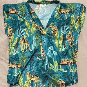 Entro Yellow and Green Jungle Cheetah Graphic Cap Sleeve Blouse